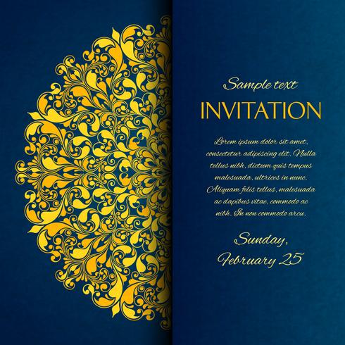 Tarjeta de invitación bordada azul con bordado dorado. vector