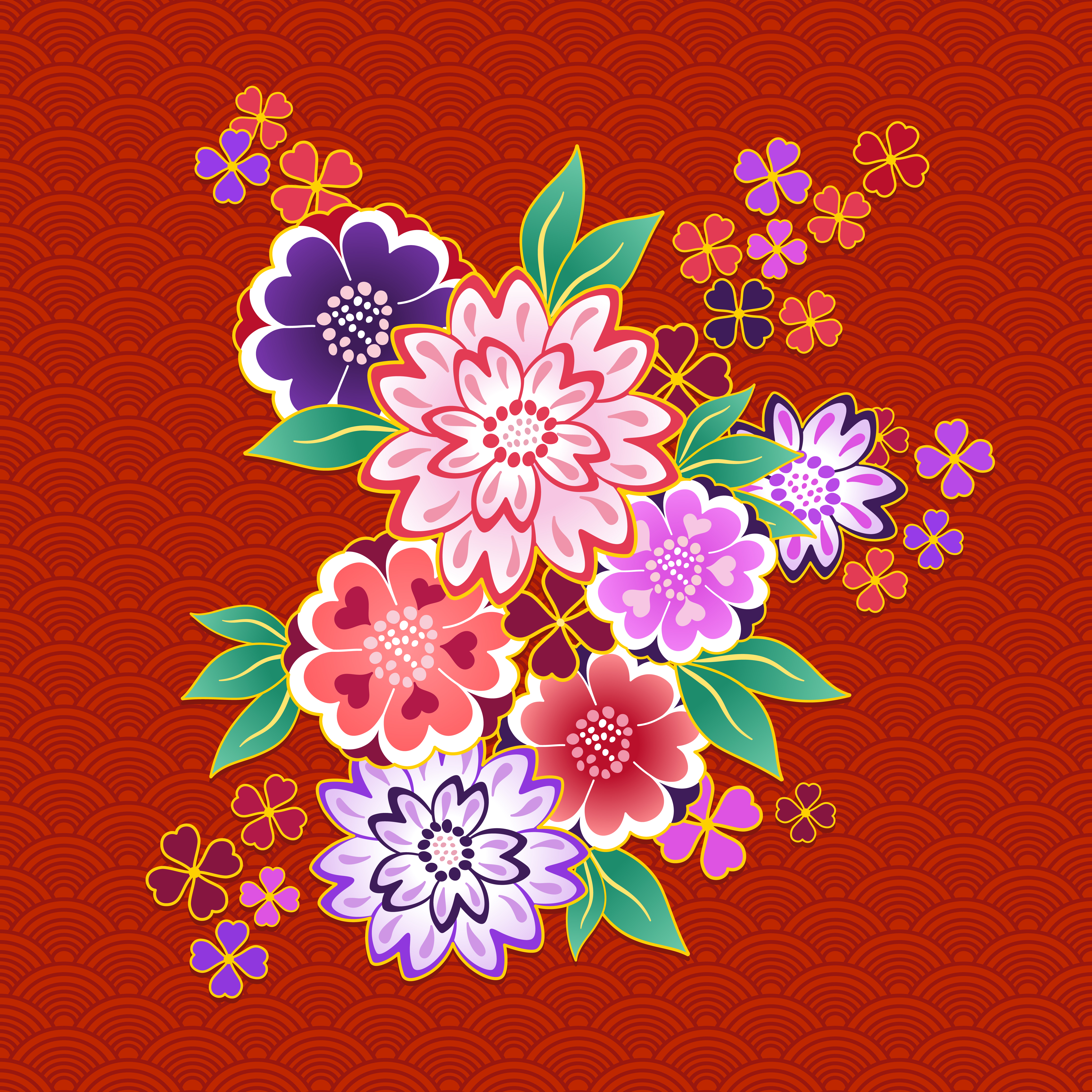 Decorative kimono floral motif  on red background 430030 