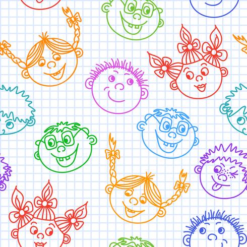 Doodle inconsútil patrón de caras de niños sonrientes vector