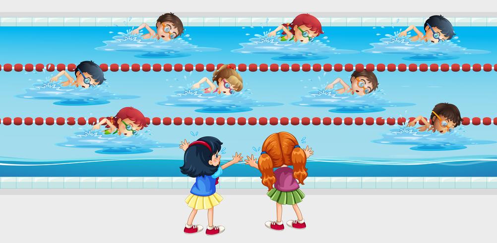 Kids practice swimming in the pool vector