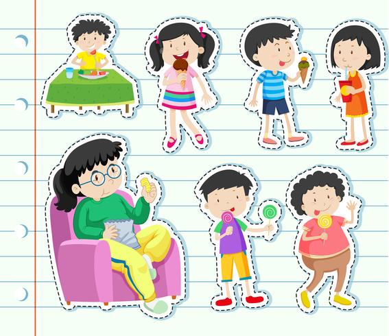 Sticker design with many kids eating sweets vector