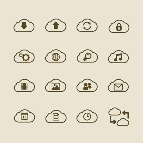 Conjunto de iconos genérico de computación en la nube, contorno plano vector