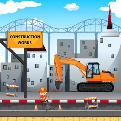 Construction work site with worker and drill truck vector
