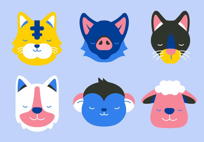 Animal Face Set Vector Flat Illustration