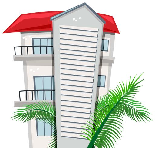 Apartment building and palm leaves vector