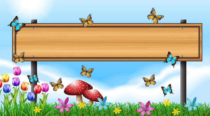 Wooden sign template with butterflies in garden vector