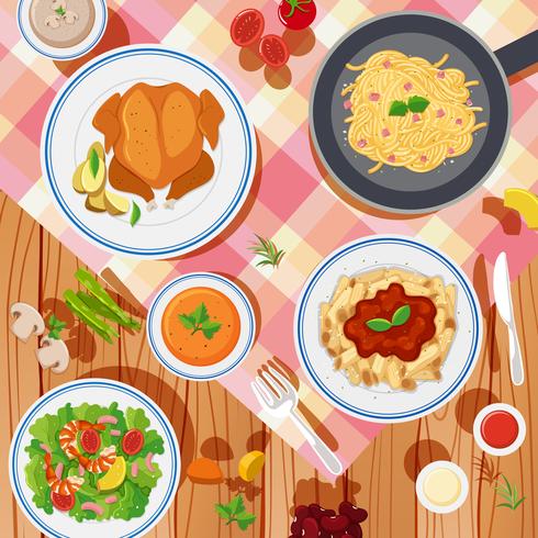 Background design with different types of food on table