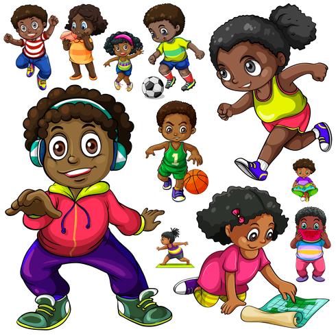 Niños afroamericanos haciendo cosas diferentes. vector