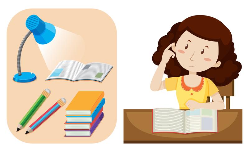 Girl doing homework on table vector