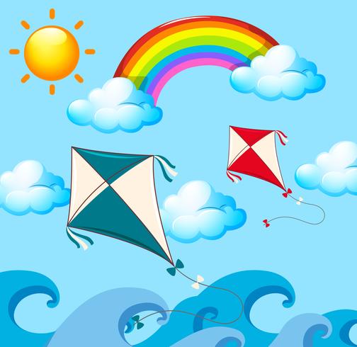 Scene with two kites and rainbow vector