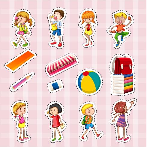 Set de pegatinas de niños y objetos escolares. vector