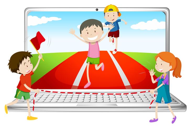 Pantalla de ordenador con niños corriendo en carrera. vector