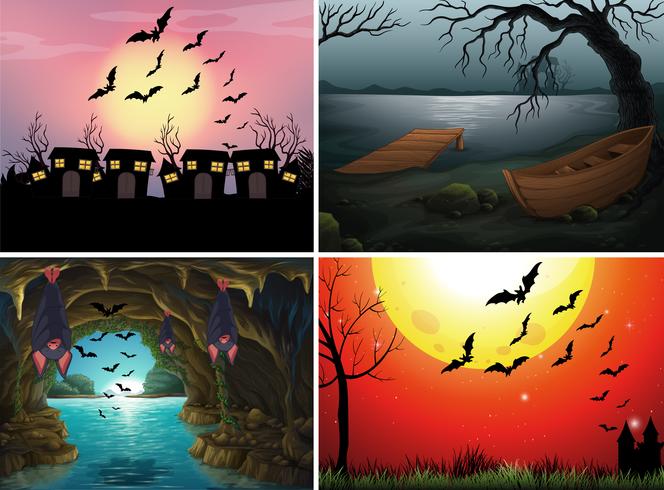 Four scenes with bats at night vector