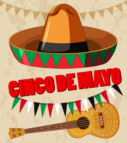 Póster del Cinco de Mayo con guitarra y sombrero. vector