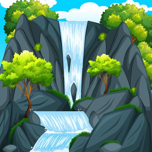 Beautiful waterfall and green trees vector