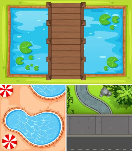 Top view of pond and road vector