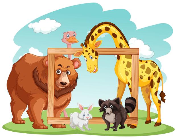 Wooden frame with many animals vector