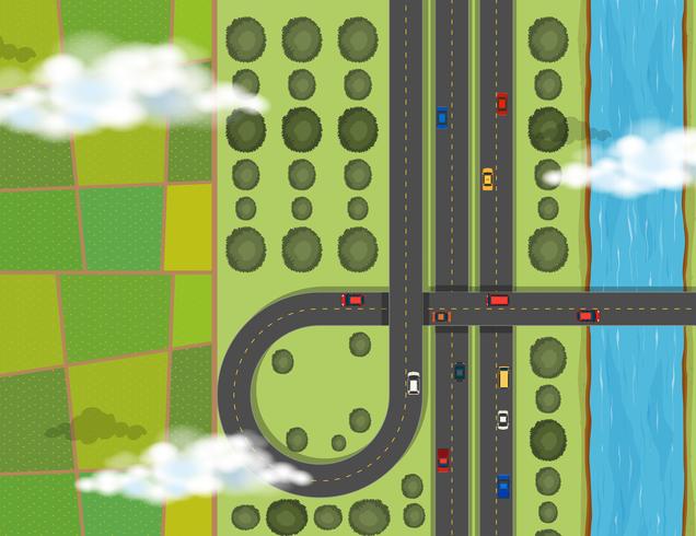 Aerial scene with cars on highway vector