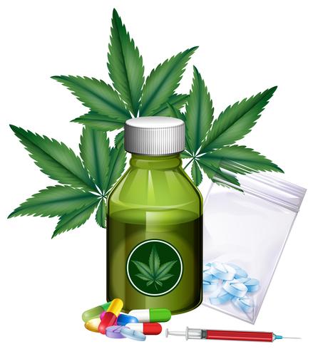 Marijuana leaves and different products vector