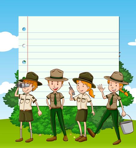 Paper template with four park rangers vector