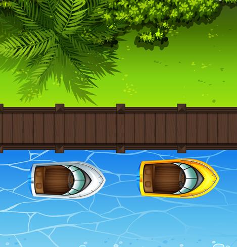 Two boats floating close to the bridge vector