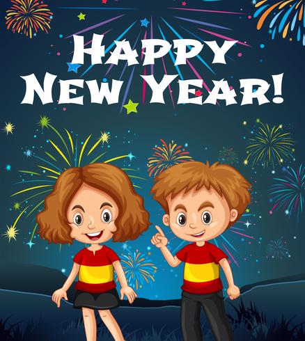 Happy New Year card template with kids and fireworks vector