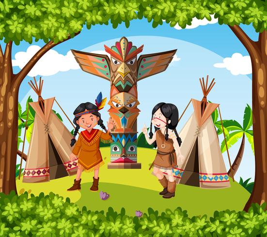 Native american indians at the tribe vector