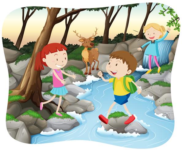 Escena con niños en el bosque vector