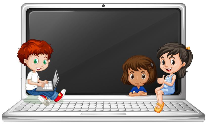 Children and laptop computer vector
