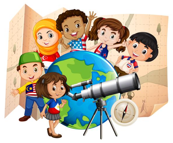 Children with telescope and world map vector