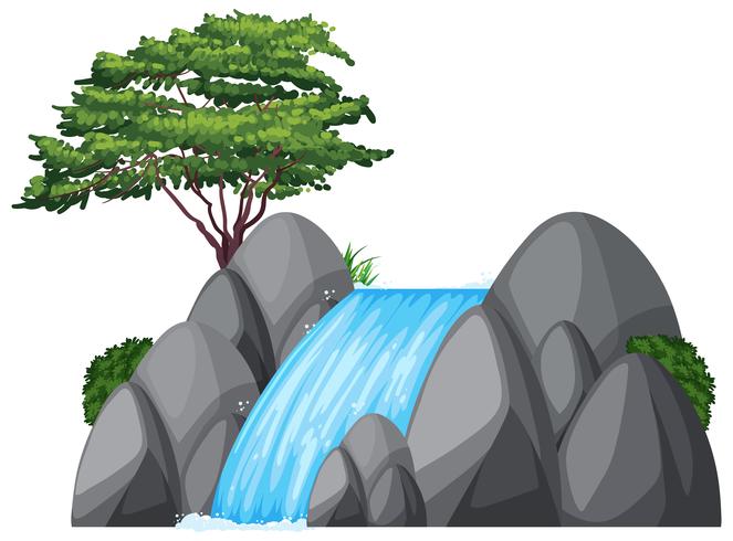 Waterfall and green tree on the rock vector