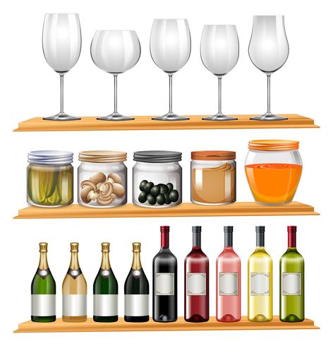 Copas de vino y comida en estantes de madera. vector