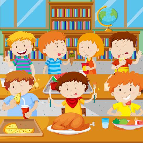 Escolares niños almorzando en la cantina. vector