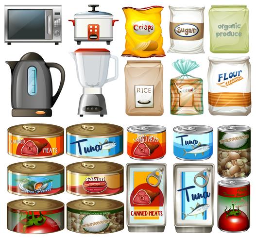 Alimentos enlatados y aparatos electrónicos de cocina. vector