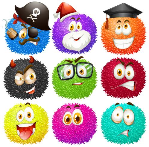 Colorful fluffy balls with faces vector