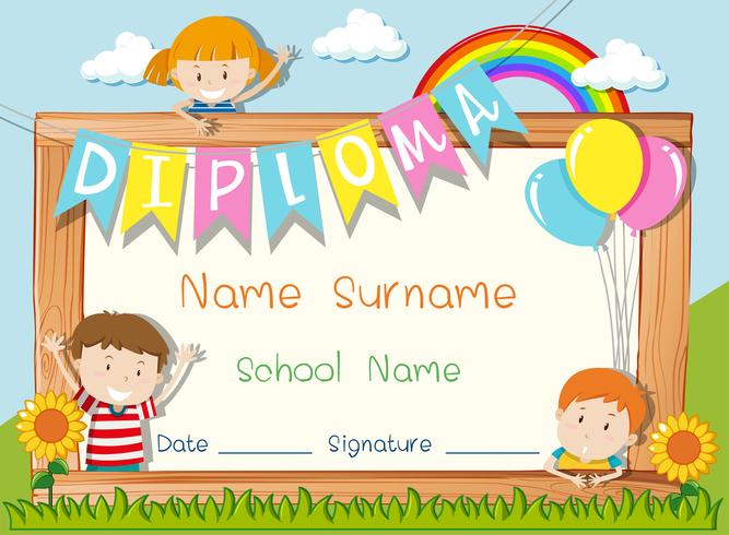 Diploma template with kids in the park background vector