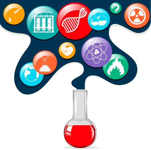 Símbolos de la ciencia y vaso de vidrio vector