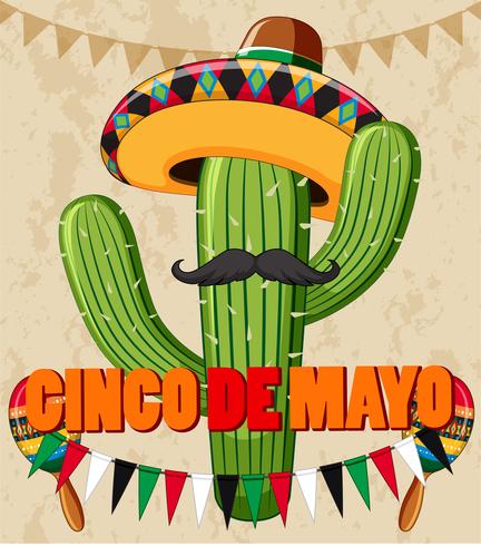 Diseño del cartel del Cinco de Mayo con cactus con sombrero. vector