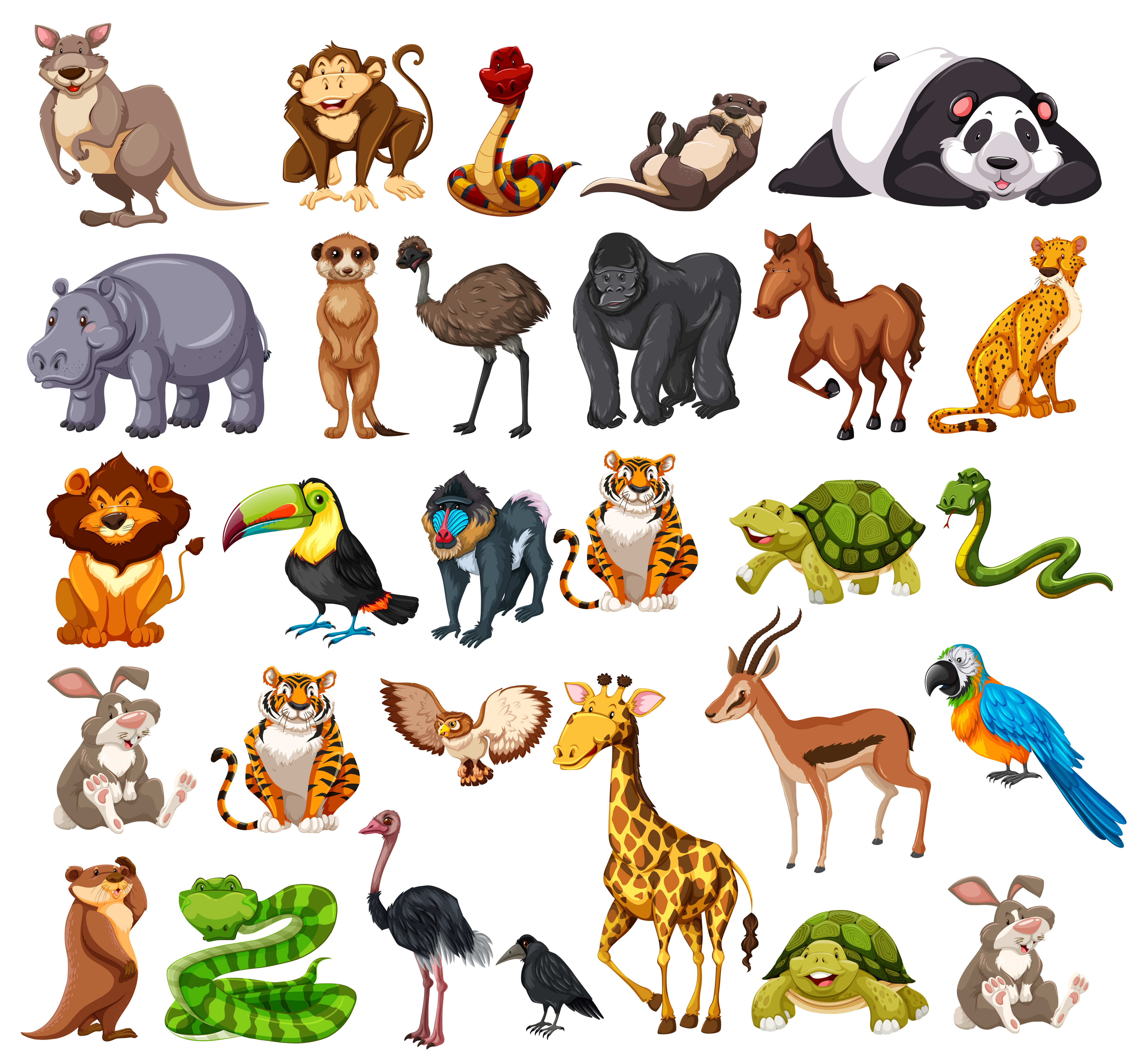 Different types of wild animals on white 430813 Vector Art at Vecteezy