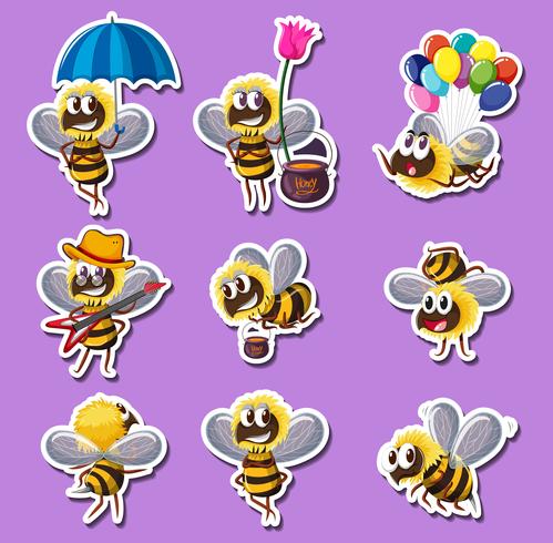 Sticker design for bee in different actions vector