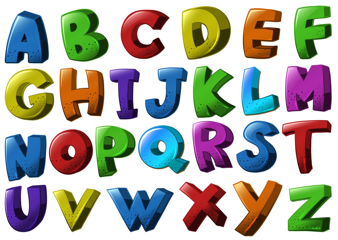 Fuentes del alfabeto inglés en diferentes colores. 