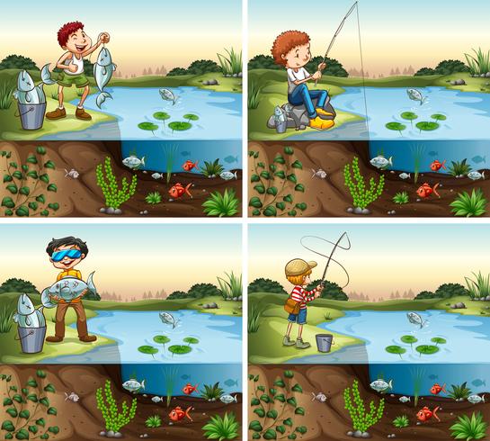Four scenes of boy fishing in the pond vector