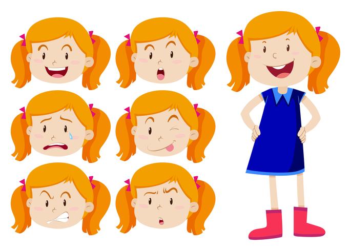 Chica con diferentes expresiones faciales. vector