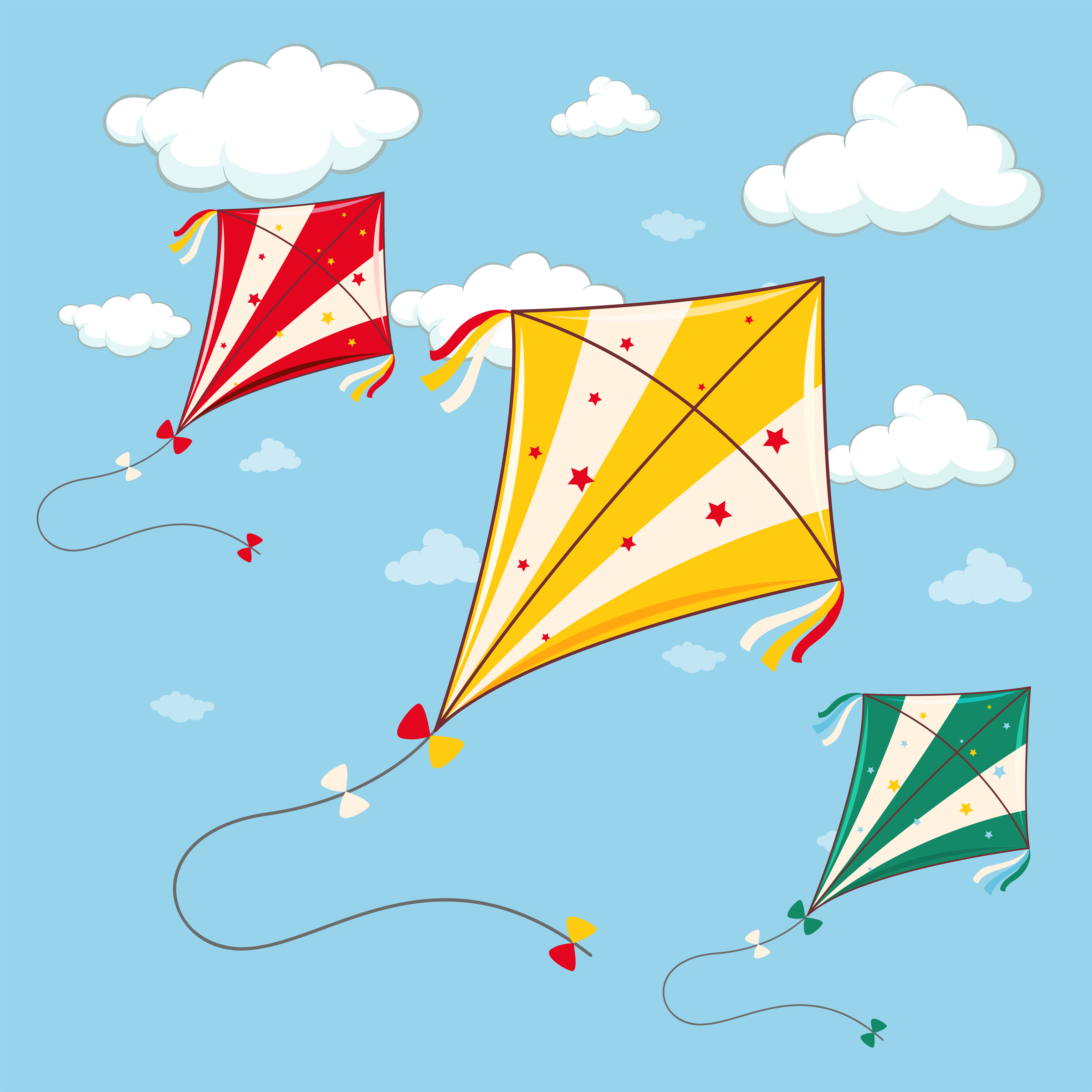 Kite Clip Art
 Three colorful kites in the blue sky Vector Art at Vecteezy