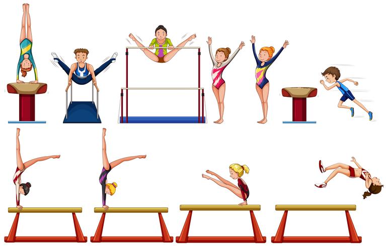 Different types of gymnastics with equipments vector