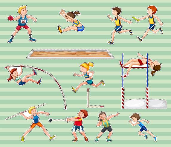 Juego de pegatinas para deportes de pista y campo. vector