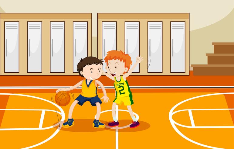 Dos niños jugando al baloncesto en el gimnasio. vector