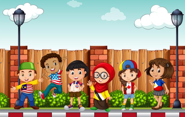 Many children standing on pavement vector