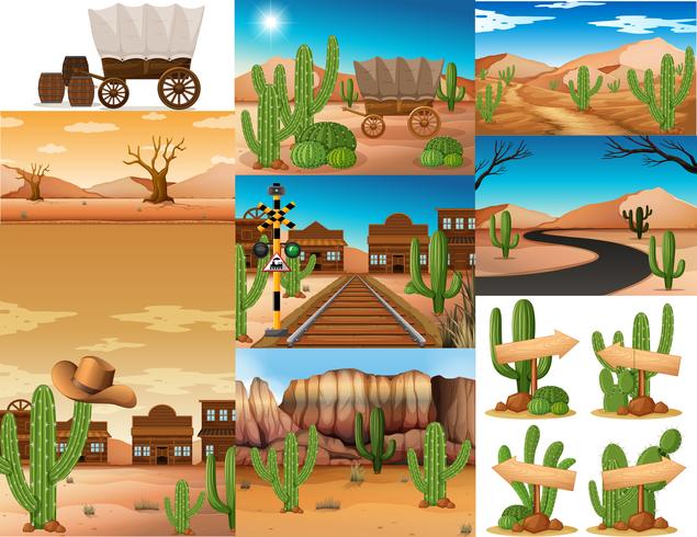 Escenas del desierto con cactus y edificios. vector