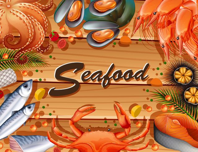 Different types of seafood on board vector